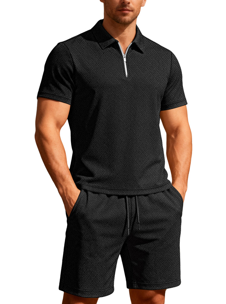 Herren nan komfortables Lounge-Zweiteiler aus strukturierter Baumwollmischung mit Halbzip-Poloshirt und Kordel-Shorts Echo Archiv
