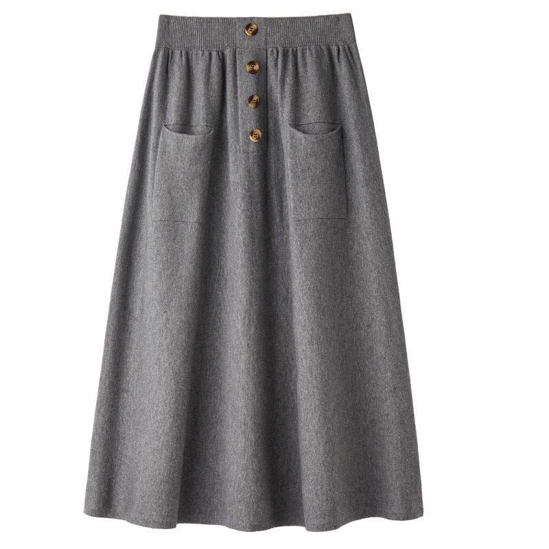 Damen Midirock aus Wollmix mit A‑Linie, elastischem Rippbund, Zierriegel‑Knopfleiste und aufgesetzten Taschen Echoarchiv