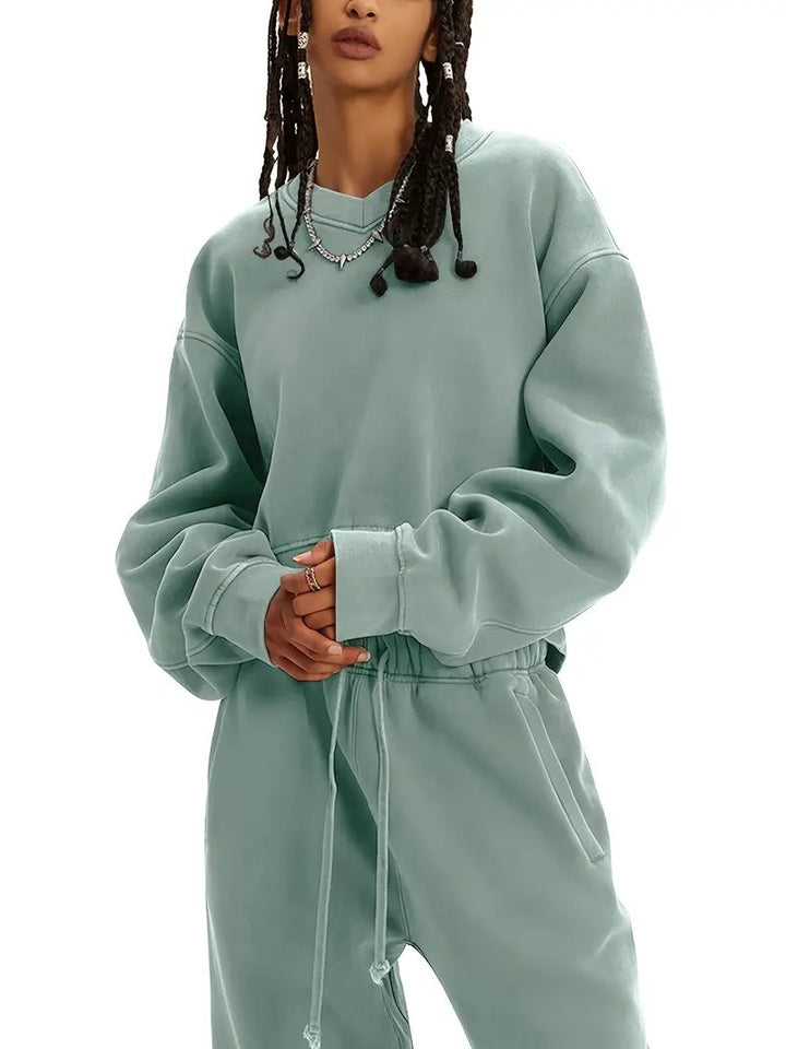 Damen Boxy-Sweatshirt mit überschnittener Schulter, verlängertem Rückenteil und brushed Fleece – Avérine