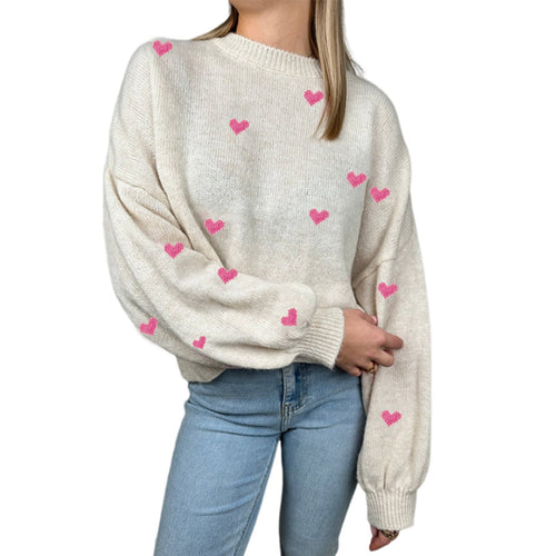 Damen nan oversized Strickpullover mit Herzintarsien und Ballonärmeln Echo Archiv