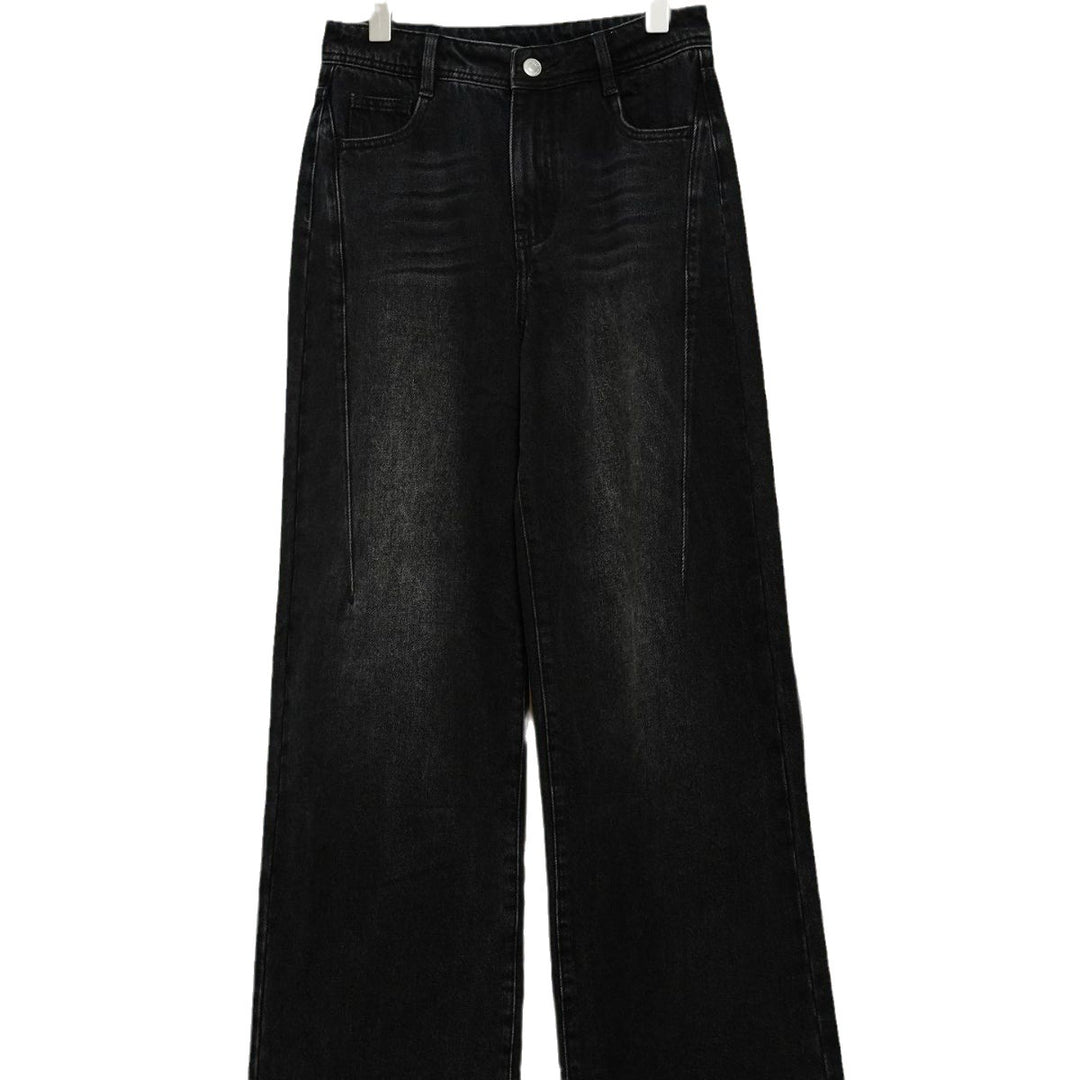 Damen weite High‑Waist Denim‑Jeans im Baggy‑Cut mit Mittelnaht und Used‑Effekt Echoarchiv