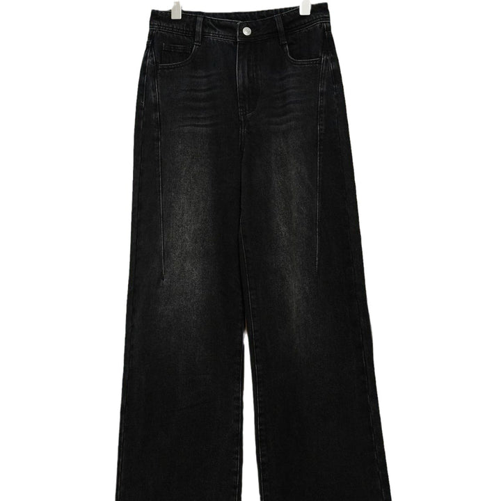 Damen weite High‑Waist Denim‑Jeans im Baggy‑Cut mit Mittelnaht und Used‑Effekt Echoarchiv