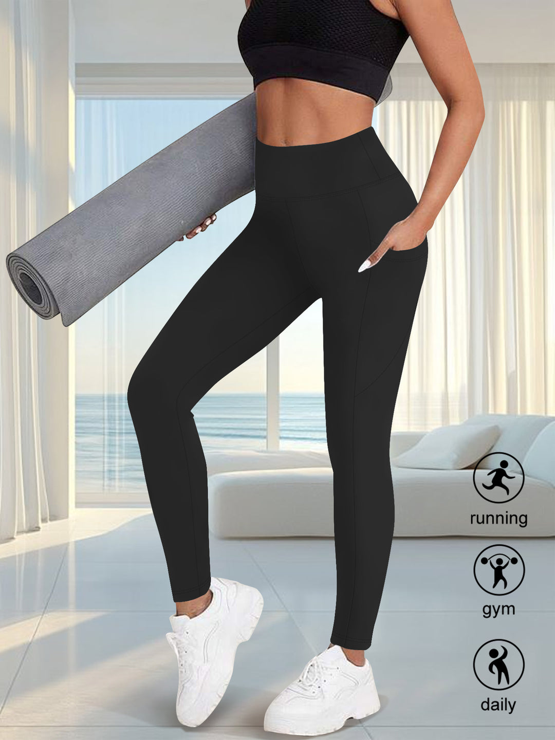 Damen High-Waist Sportleggings mit seitlicher Handytasche und formendem Kompressionsstoff echoarchiv-