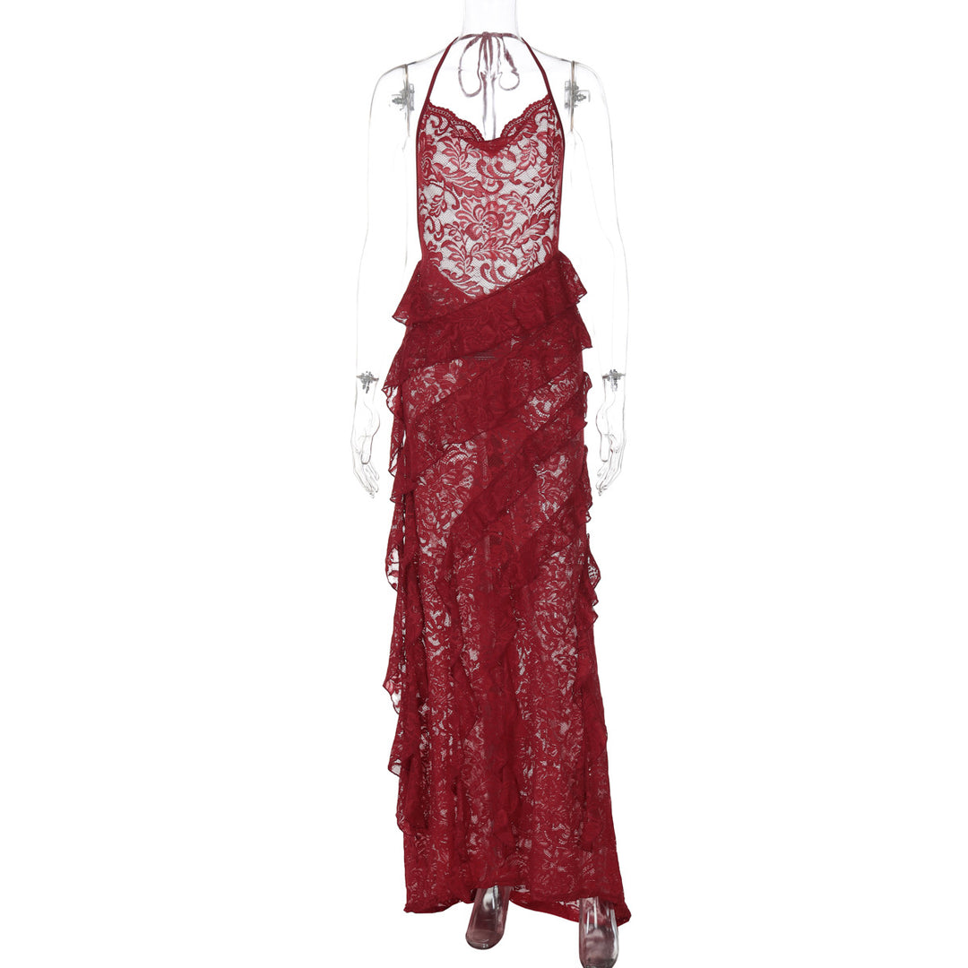 Damen Elegantes Abendkleid mit feiner Spitze und Rüschendetails Echo Archiv