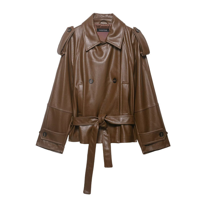 Damen Leder-Trenchcoat mit Bindegürtel, Schulterklappen und oversized Kragen Echo Archiv