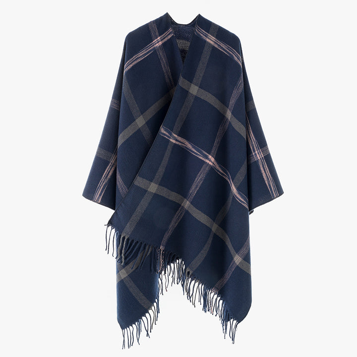 Damen Wollmix‑Überwurfponcho mit großem Karomuster und Fransensaum – Avérine