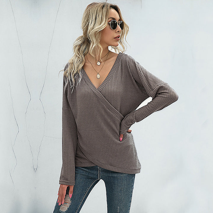 Damen Waffelstrick‑Wickelshirt mit V-Ausschnitt und langer Oversize-Ärmelpassform – Mavelle