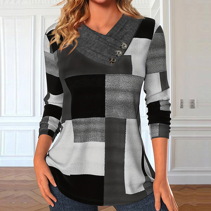 Damen Longsleeve-Tunika mit geometrischem Colorblock und asymmetrischem Knopf-V-Ausschnitt – Avérine