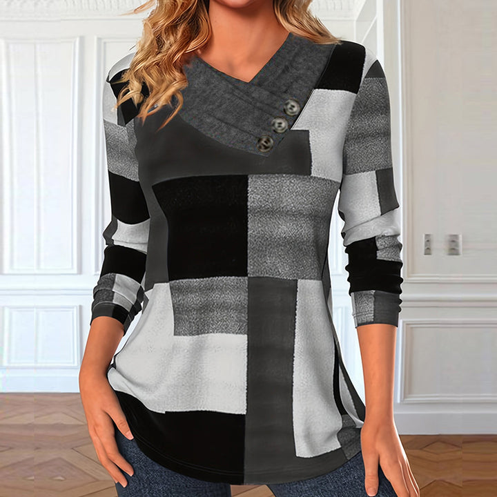 Damen Longsleeve-Tunika mit geometrischem Colorblock und asymmetrischem Knopf-V-Ausschnitt – Avérine