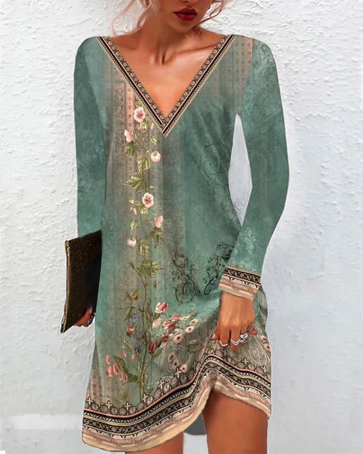 Frauen Floral V-Ausschnitt Tunika Kleid mit Border Print und langen Ärmeln – Lunéa