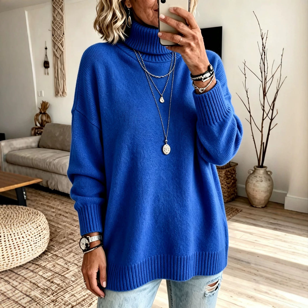 Damen Oversize Rollkragenpullover aus Feinstrick mit gerippten Bündchen und überschnittener Schulter – Mavelle