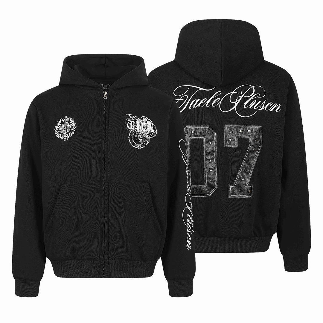Unisex Kapuzen‑Sweatjacke mit durchgehendem Reißverschluss, Kängurutasche und ornamentalen Siegel‑Prints Echoarchiv