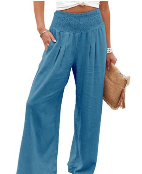 Frauen Weite Bein Smocked Hohe Taille Leinenmischung Hosen – Avélisse