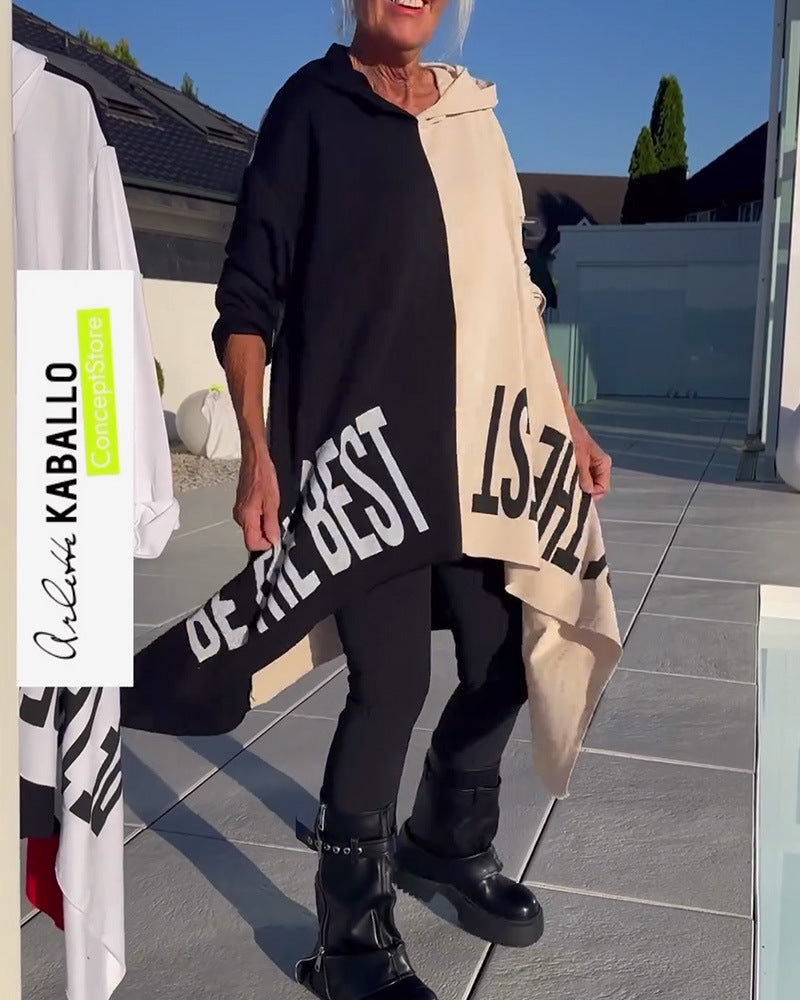 Damen nan weit geschnittener Kapuzenponcho mit asymmetrischem Zipfelsaum und großflächigem Statement-Print Echo Archiv