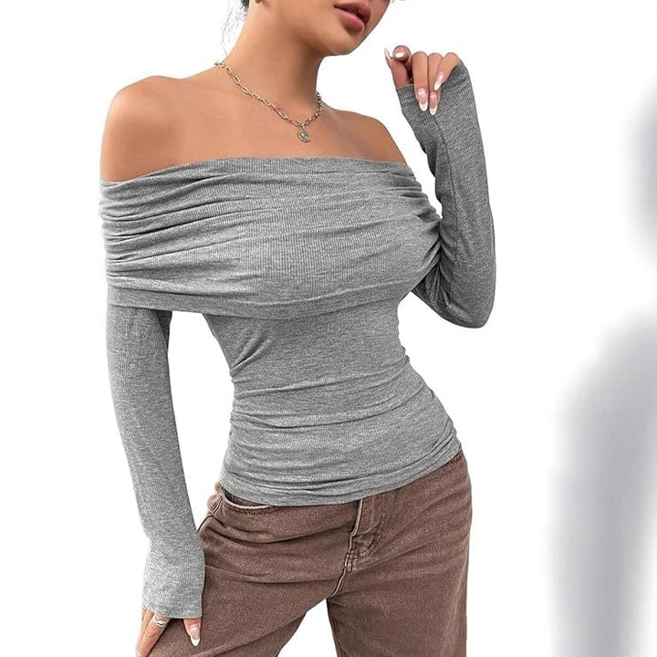 Damen Schulterfreies Ripp-Longsleeve mit weitem Umschlagkragen und taillierter Silhouette – Avérine