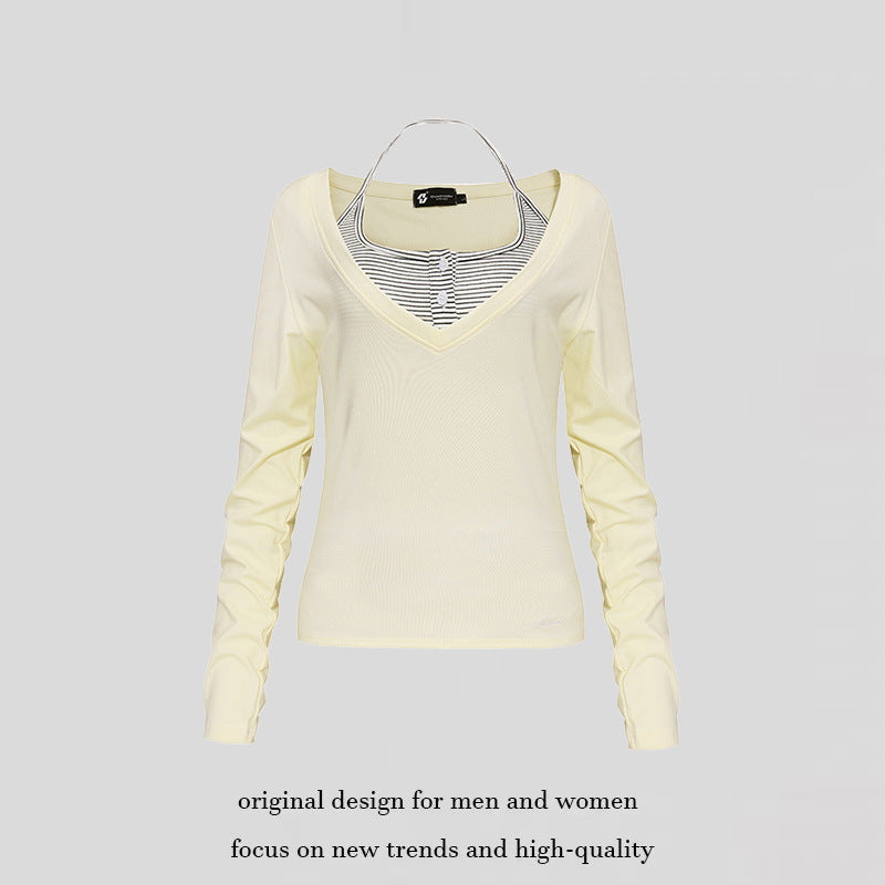 Damen Langarm-Shirt mit doppeltem Layer‑Effekt, tiefem V‑Ausschnitt und gestreiftem Einsatz Echoarchiv