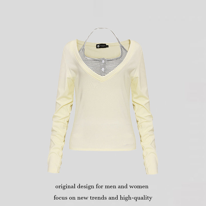 Damen Langarm-Shirt mit doppeltem Layer‑Effekt, tiefem V‑Ausschnitt und gestreiftem Einsatz Echoarchiv