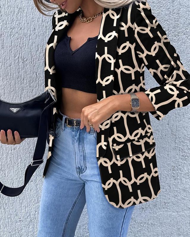 Damen Gemusterter Longblazer mit Kettenmuster, taillierter Silhouette und Pattentaschen Echoarchiv