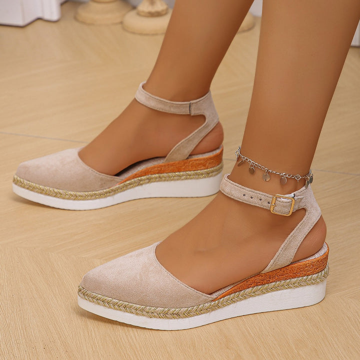 Damen nan geschlossene Velours-Espadrille mit Keilplattform, verstellbarem Knöchelriemen und geflochtenem Bastrand Echo Archiv