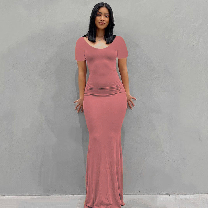 Damen Körperbetontes Maxi‑Jerseykleid mit taillierter Drapierung, langen Ärmeln und ausgestelltem Saum – Valéora