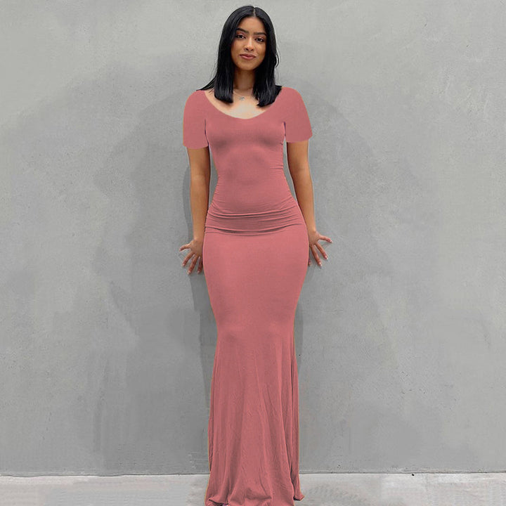 Damen Körperbetontes Maxi‑Jerseykleid mit taillierter Drapierung, langen Ärmeln und ausgestelltem Saum – Valéora