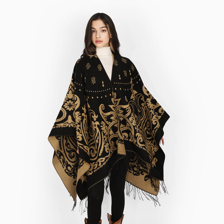 Damen Opulenter Jacquard‑Poncho im Kaftan‑Stil mit Fransen und Paisley‑Relief Echo Archiv