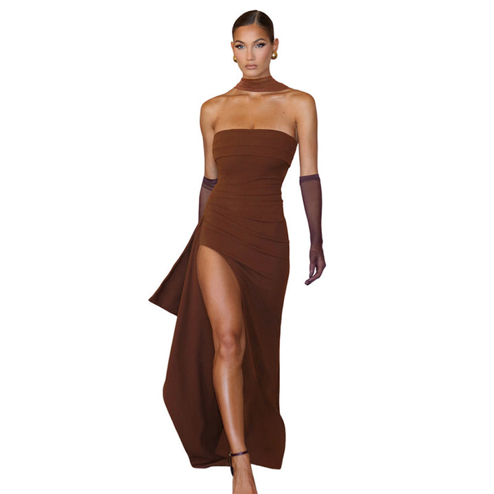 Damen Elegantes Trägerkleid mit seitlicher Drapierung und hochgeschlossenem Ausschnitt Echo Archiv