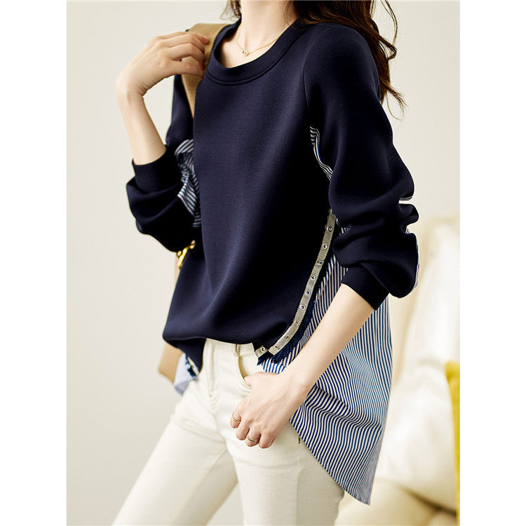 Damen nan Lagenlook-Sweatshirt mit gestreiftem Hemdsaum, Zierriegeln und verlängertem Rückteil Echo Archiv