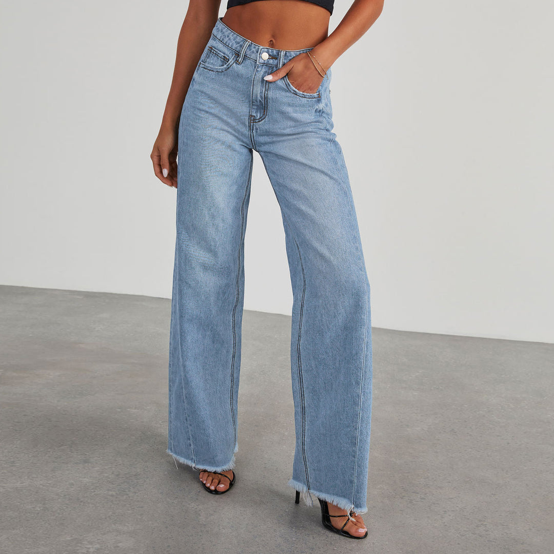 Damen nan hochgeschnittene Wide-Leg-Jeans mit rohem Fransensaum und geradem Bein Echo Archiv