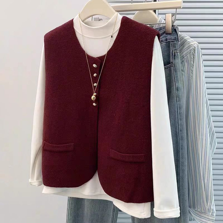 Damen Kurzgeschnittene Ärmellose Strickweste mit Perlenknopfleiste und aufgesetzten Taschen Echoarchiv