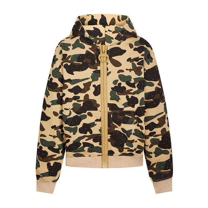 Damen Kapuzenjacke im Camouflage‑Print mit durchgehendem Reißverschluss, Kängurutasche und Rippbündchen Echoarchiv