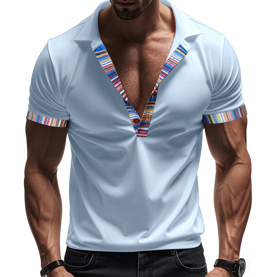Herren Poloshirt mit modernem V-Ausschnitt und buntem Muster Echoarchiv