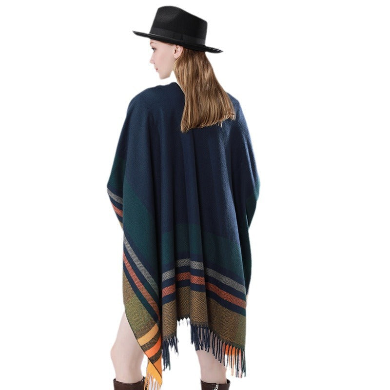 Damen Oversize‑Poncho‑Überwurf mit Tunnelzug, Karomuster und Fransensaum Echo Archiv
