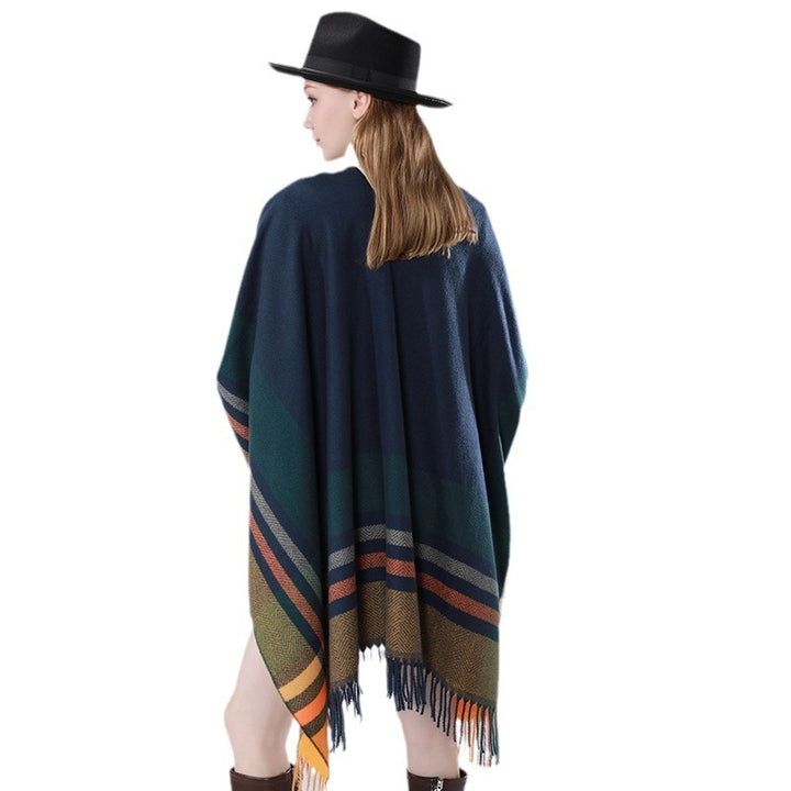 Damen Oversize‑Poncho‑Überwurf mit Tunnelzug, Karomuster und Fransensaum Echo Archiv