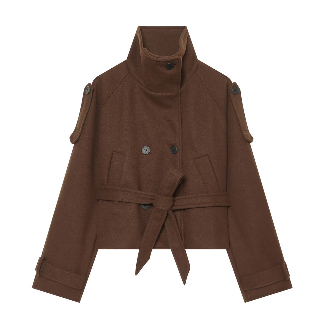 Damen Kurze Wollmix-Capejacke mit Taillengürtel und Funnelkragen Echoarchiv