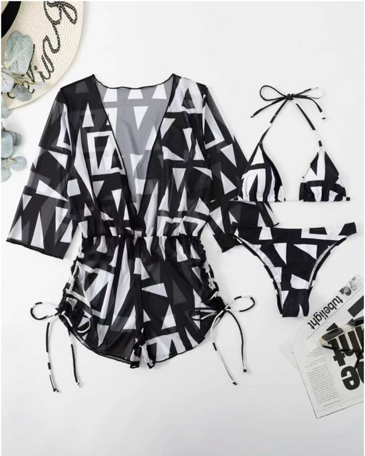 Damen Bikiniset mit transparentem Überwurf und modischem geometrischen Muster Echo Archiv