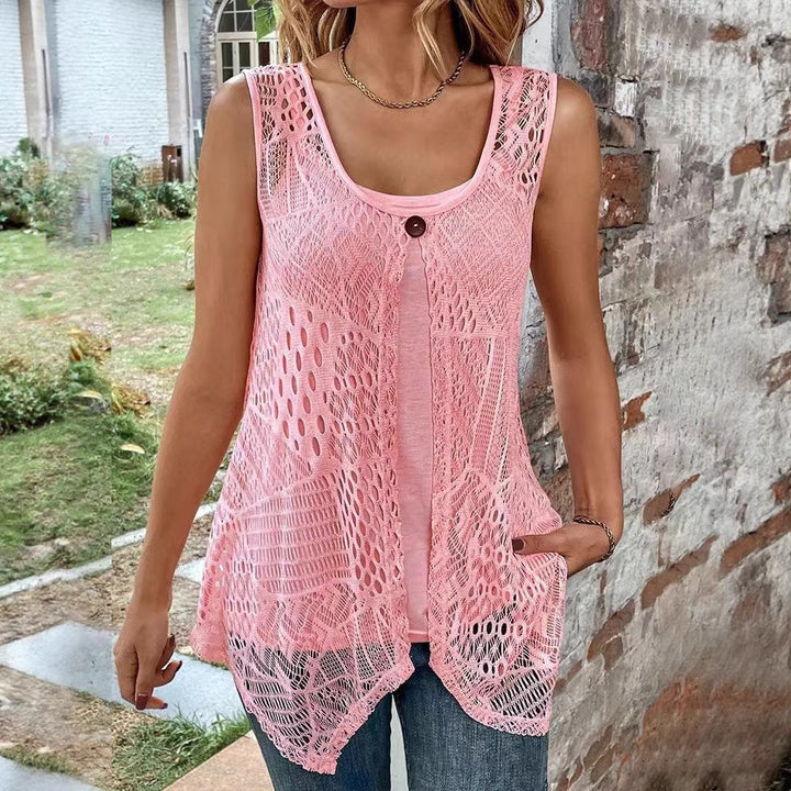 Damen nan zweilagiges Häkel-Overlay mit Jersey-Innentop, Ein-Knopf-Verschluss und asymmetrischem Zipfelsaum Echo Archiv