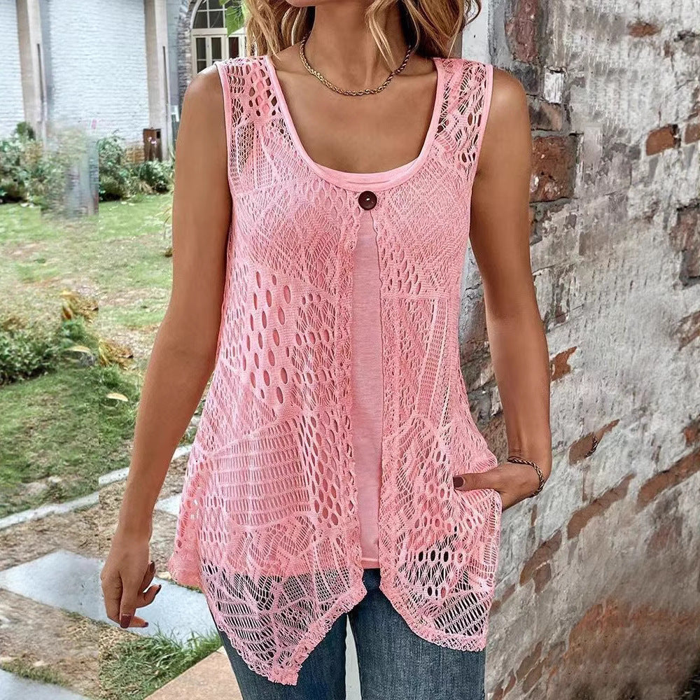 Damen nan gehäkeltes A-Linien-Oberteil mit asymmetrischem Zipfelsaum und integriertem Jersey-Untertop Echo Archiv