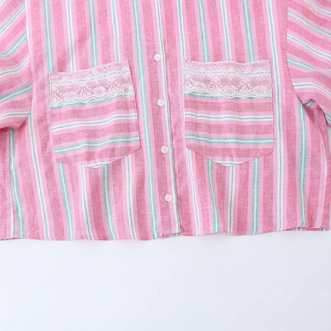 Damen Gekürzte gestreifte Hemdbluse mit Spitzenbesatz und Oversize-Ärmeln Echo Archiv