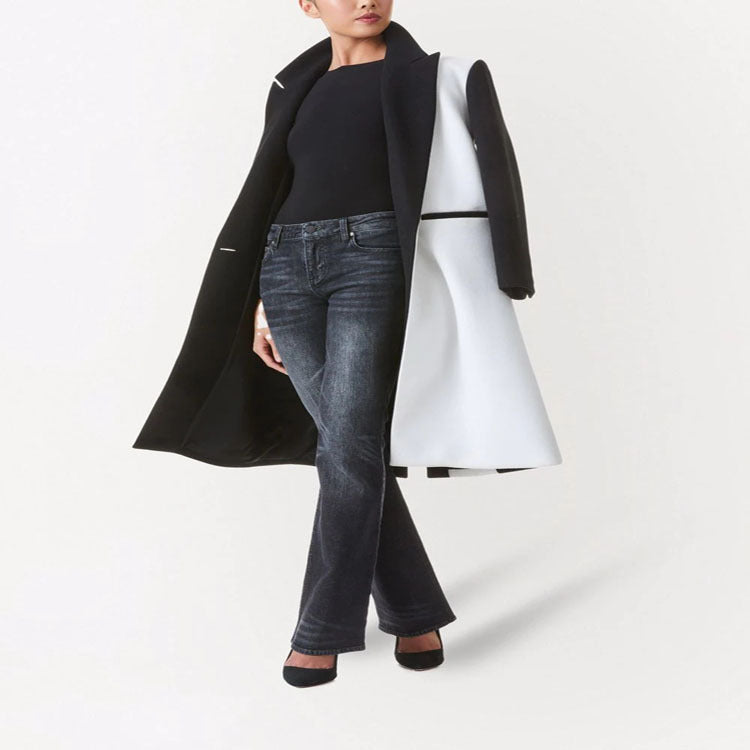 Damen Taillierter Midi‑Longcoat im Clean‑Tailoring mit kontrastiertem Innenfutter und Schalkragen Echoarchiv