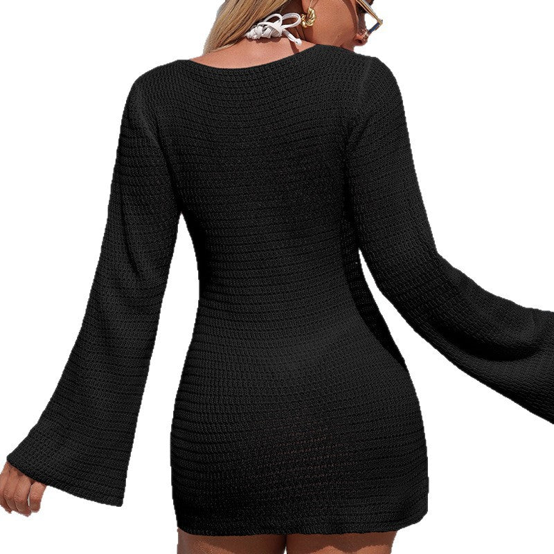 Damen Häkel-Strandkleid mit tiefem V-Ausschnitt und Glockenärmeln Echo Archiv