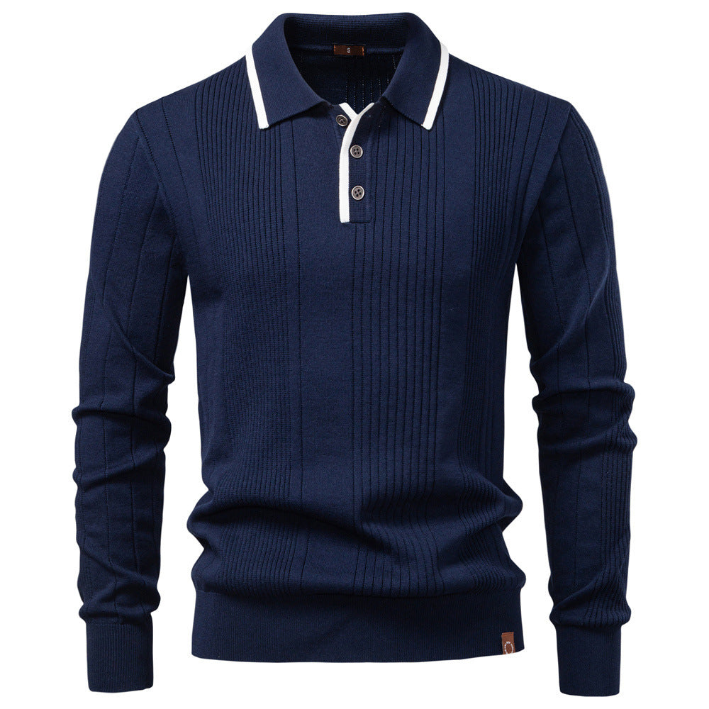 Herren nan langärmeliger Polopullover aus Feinstrick mit vertikalen Rippenintarsien und Kontrastkanten Echo Archiv