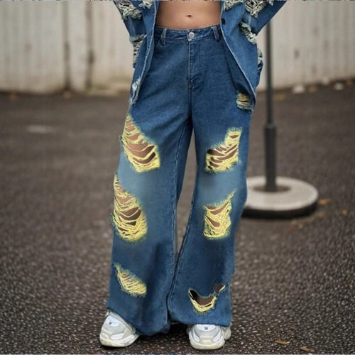 Damen weite Destroyed-Denim-Jeans mit Neonfransen-Applikation Echo Archiv