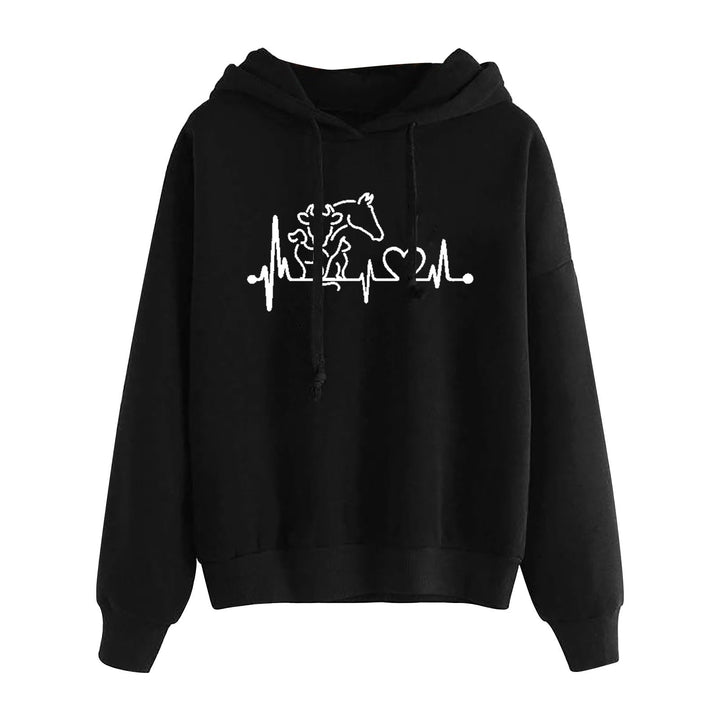 Damen leichter Oversize Kapuzenpullover mit Herz‑EKG‑Motiv, langen Kordeln und elastischem Bund – Auréline
