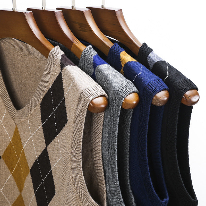 Herren klassischer V-Ausschnitt Strickpullover mit Rautenmuster Echoarchiv