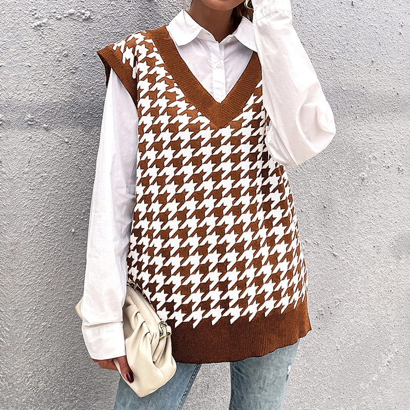 Damen Oversize Strickweste mit Hahnentritt‑Muster und tiefem V‑Ausschnitt Echoarchiv