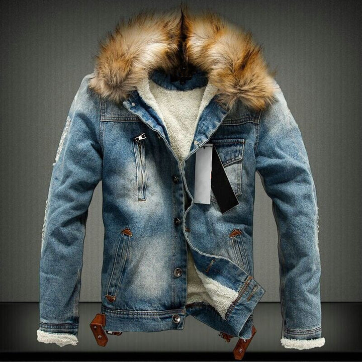 Herren Denim-Truckerjacke mit Teddyfutter, Kunstfellkapuze und Used-Details Echoarchiv