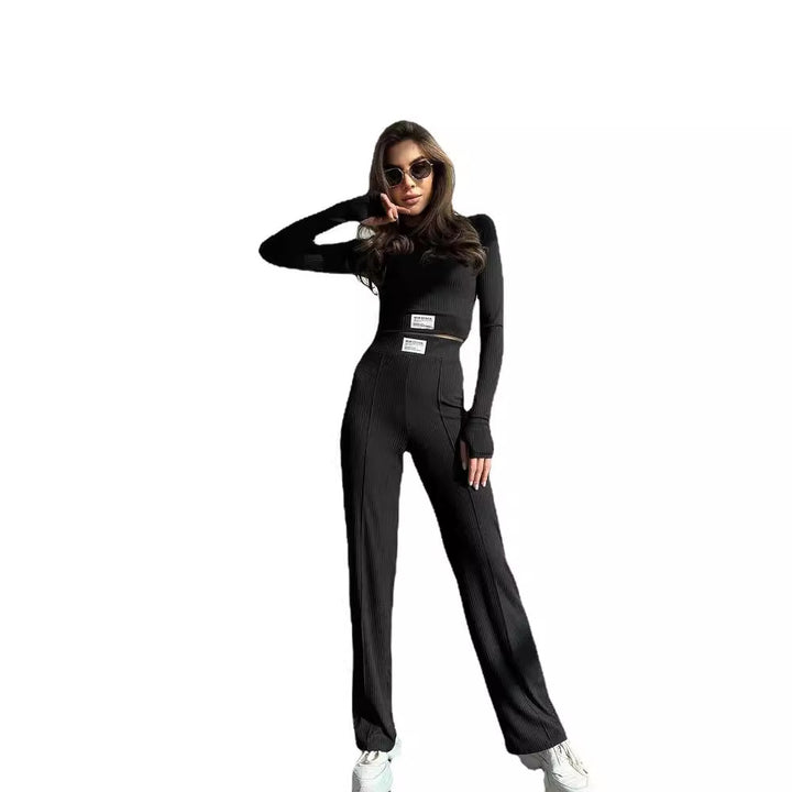 Damen Geripptes Zweiteiliges Loungewear-Set mit kurzem Langarmtop und High-Waist Weitbein-Hose Echoarchiv