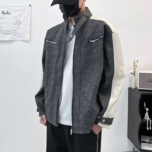 Herren Kontrastärmeliges Oversized Kunstleder-Utility-Jacke mit Stehkragen Echoarchiv