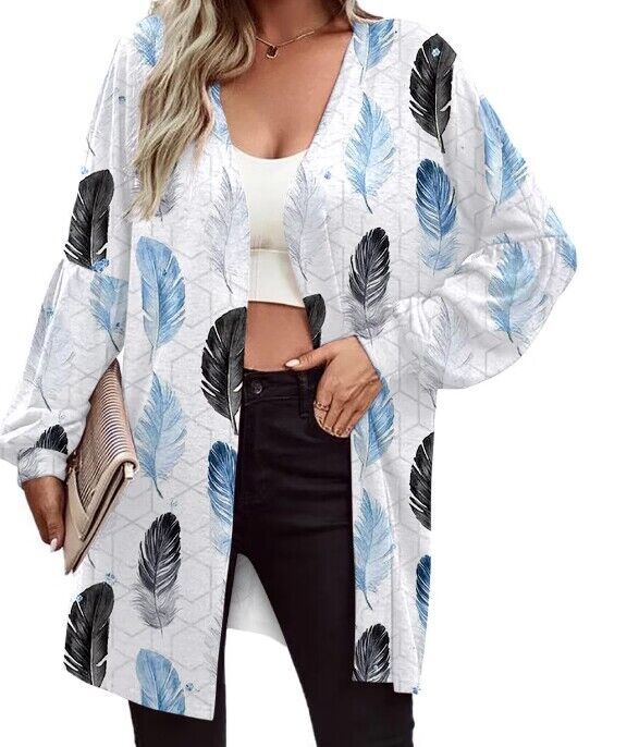Damen Leichter Offener Longcardigan mit Federmotiv und Oversize-Ärmeln – Veloura